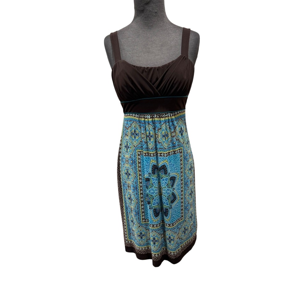 Y2K Saint Tropez West Brown Blue Mosaic Medallion Empire Waist Tie‎ Back Dress 6